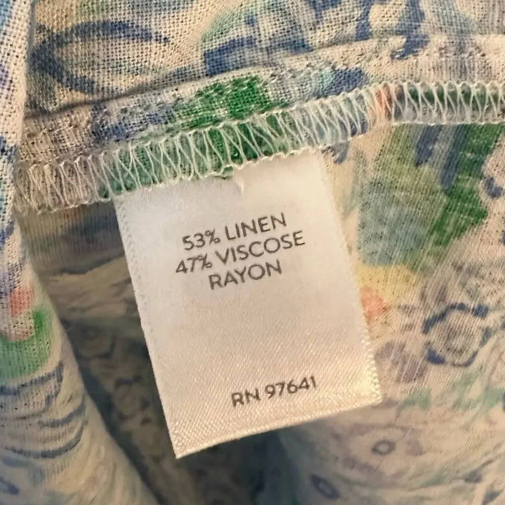 J. Jill Blue Tropical Birds & Botanical Print Woven Linen Blend Top Size Large